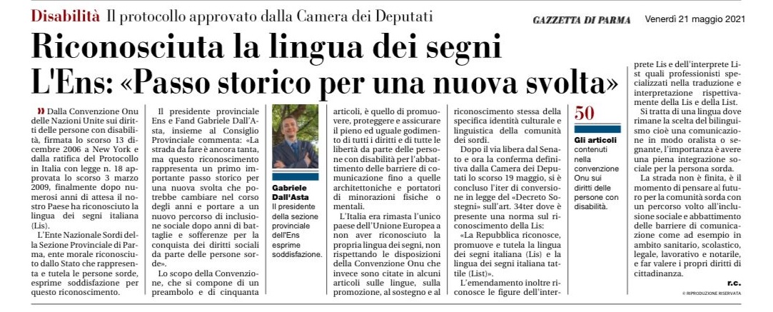 Gazzetta di Parma 21 Luglio 2021 Riconoscimento LIS copy