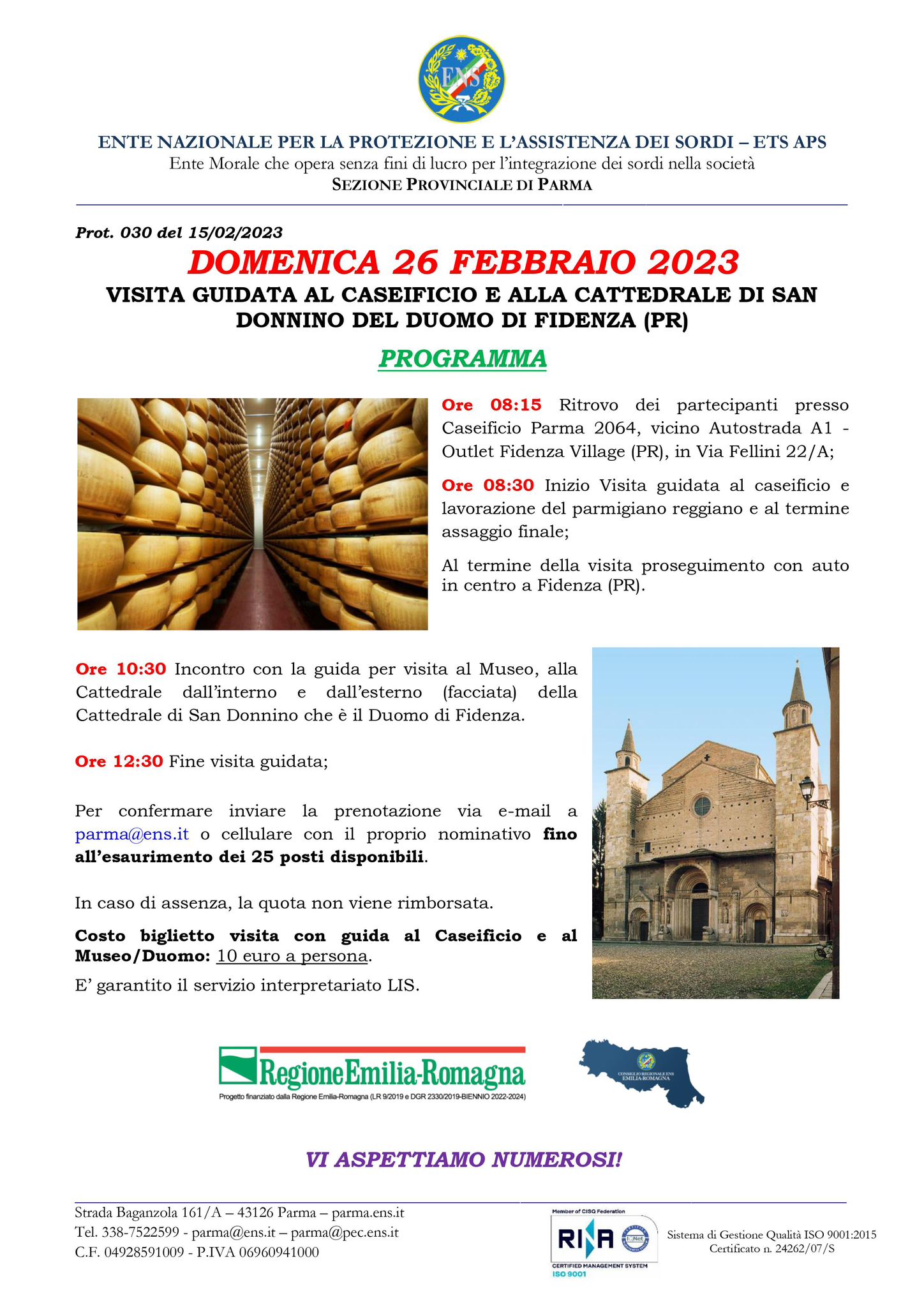 Visita al caseificio e Duomo di Fidenza PR Domenica 26 Febbraio 2023