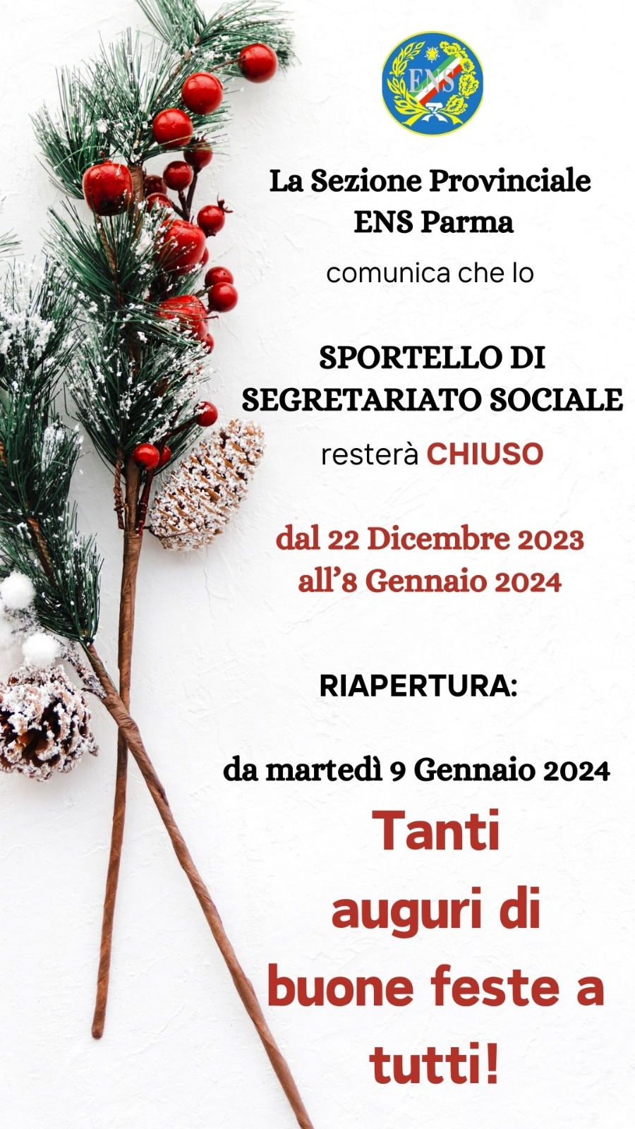 Chiusura Festività Natalizie Ufficio ENS Parma 2023 2024