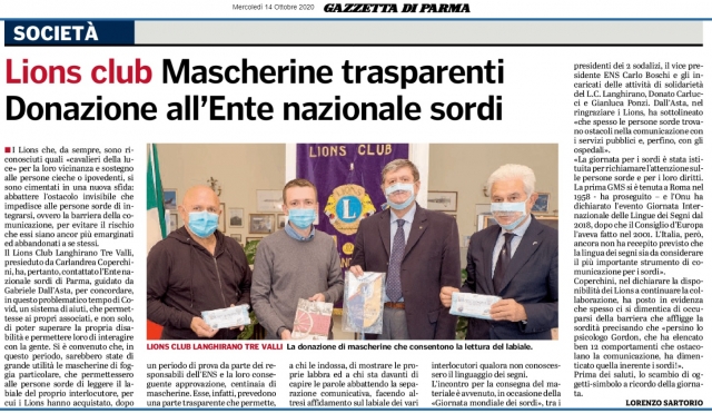 Mascherine Trasparenti LIONS Gazzetta di Parma 14 10 2020 copy