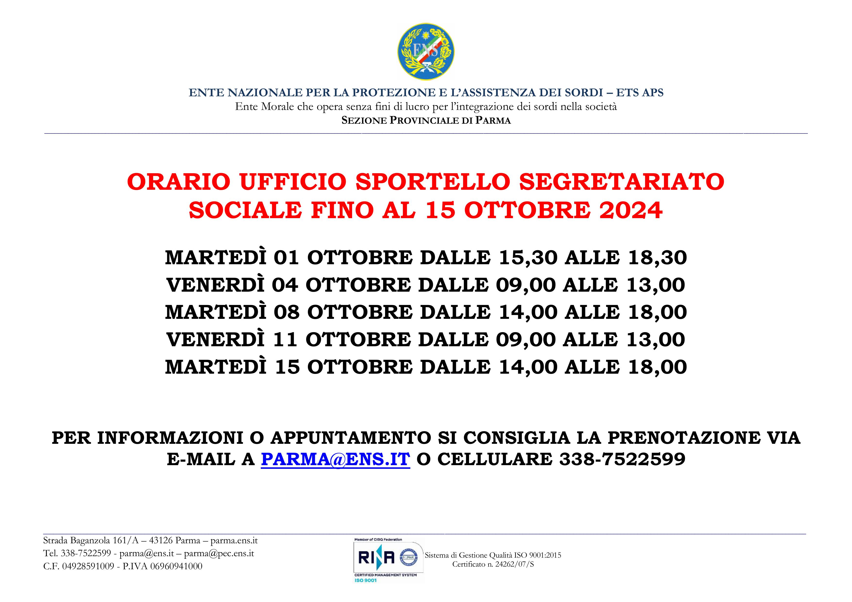 ORARIO SPORTELLO FINO AL 15 OTTOBRE 2024