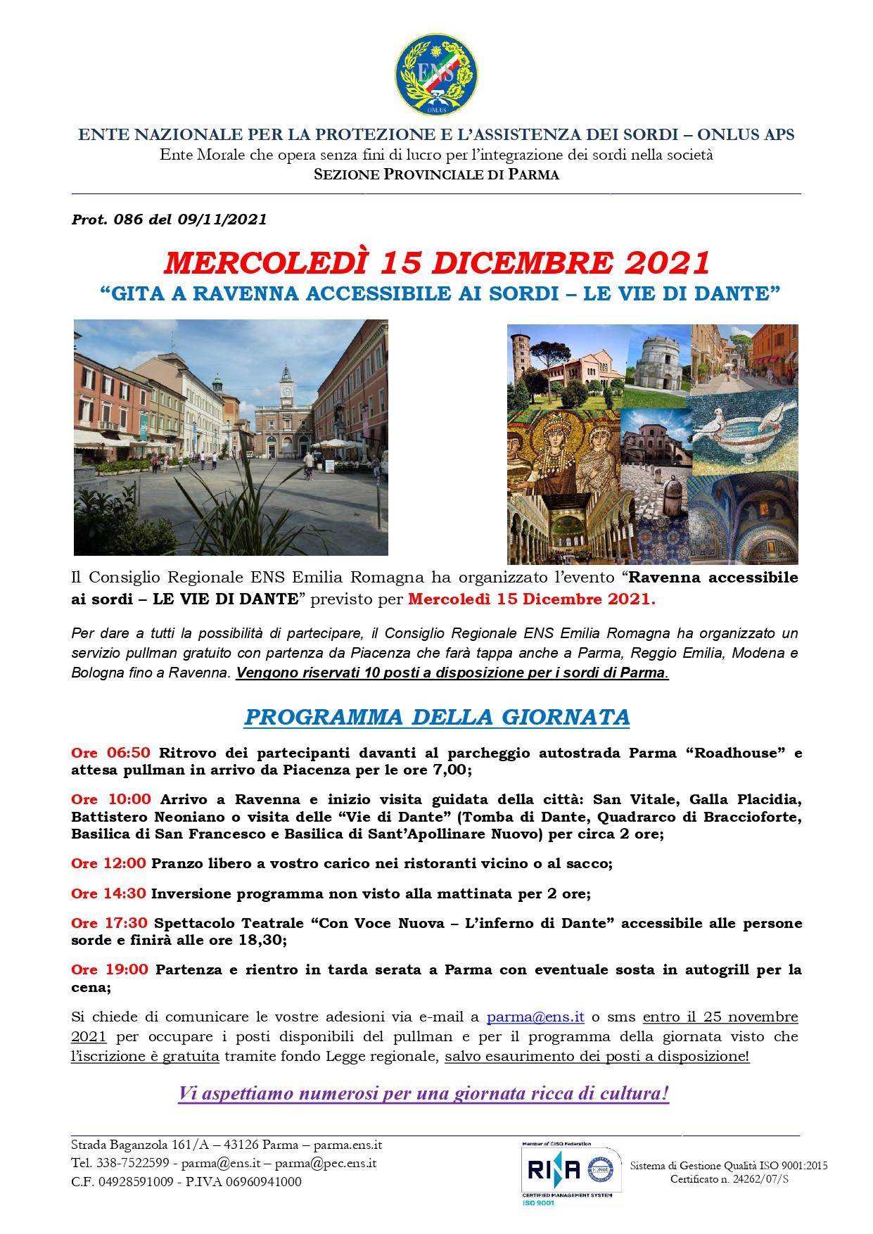 Prot. 086 Gita a Ravenna LE VIE DI DANTE 15 Dicembre 2021
